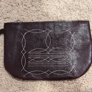 Dark Brown Leather Clutch with White Stitching